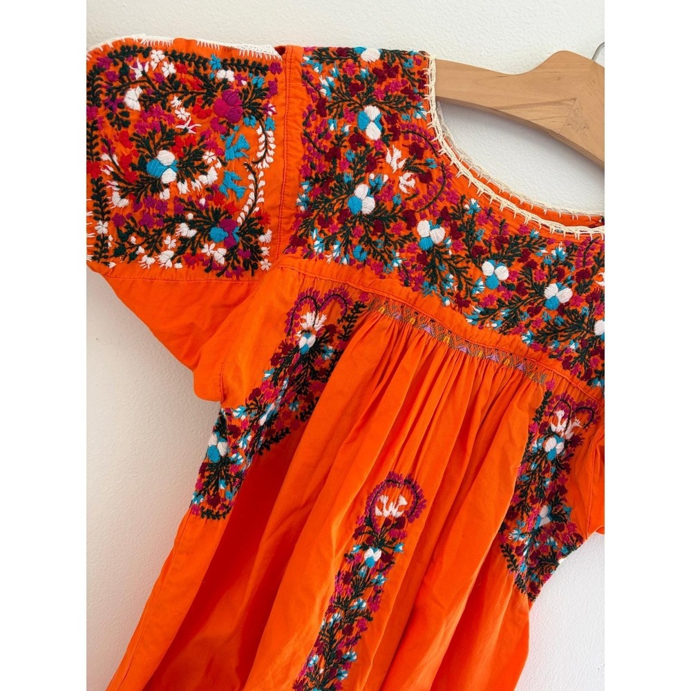 Vintage 70s Mexican Oaxacan Orange Embroidered Dress S/M Boho Folk Floral Midi - Picture 2 of 4